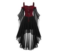 Halloween Costumes Adult Women Cold Shoulder Strap Gothic Dress A-Line Mesh Patchwork Medieval Costume Ladies Vintage Steampunk Lace Up Renaissance Irregular Hem Chiffon Plus Size Gothic Dress B710