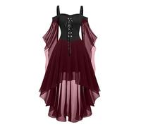 Halloween Costumes Adult Women Cold Shoulder Strap Gothic Dress A-Line Mesh Patchwork Medieval Costume Ladies Vintage Steampunk Lace Up Renaissance Irregular Hem Chiffon Plus Size Gothic Dress e615