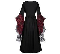 Halloween Costumes Adult Women Gothic Renaissance Dress Lace Trumpet Sleeve Medieval Vintage Dresses Halloween Themed Party Outfits Wine Plus Size 14 16 18 20 22 24