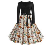 Halloween Costumes Adult Women, Ladies Halloween Dress Retro Pumpkin Skeleton Print Long Sleeve A Line Swing Dresses Black Vintage Skull Witch Dress Rockabilly Party Cocktail Novelty Costume