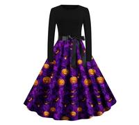 Halloween Costumes Adult Women, Ladies Halloween Dress Retro Pumpkin Skeleton Print Long Sleeve A Line Swing Dress Black Vintage Skull Witch Rockabilly Party Cocktail Novelty Dresses