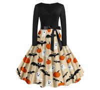 Halloween Costumes Adult Women, Retro Skull Skeleton Print Long Sleeve Dress Black Vintage A Line Swing Dresses Rockabilly Party Plus Size Medieval Costume Cute Novelty Dress