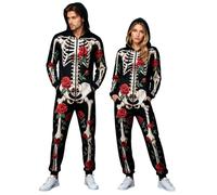 Halloween Costumes Adults Funny 3D Skeleton Print Zip Hooded Jumpsuit, Carnival Mens Womens Long Sleeve Scary Cosplay Onesie Air Layer Fabric Party Loungewear for Couples