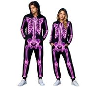 Halloween Costumes Adults Unisex Funny 3D Skeleton Print Cosplay Jumpsuit, Carnival Mens Womens Front Zipper Hooded Scary Onesie Plus Size Couples Loungewear for Party Festival