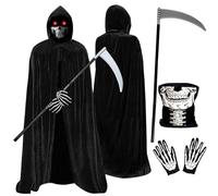 Halloween Costumes , Costume Adult Black Hooded Cloak Cape with Grim Reaper Scythe Skeleton Mask & Skeleton Gloves, Scary Fancy Dress for Women Men Boys Cosplay Outfits