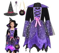 Halloween Costumes for Girls, 4-Piece Toddler Witch Costume Set, Purple M | Spooky star-moon design, complete 4-piece set, comfy fit for trick-or-treat, school parties