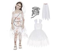 Halloween Costumes for Girls,Ghost Bride Halloween Cosplay Costume,Gothic Sleeveless Bloody Dress Set,Graveyard Bride Costume for Girls, Vampire Zombie Cosplay Outfits,Veil and Body Chain (140)