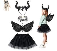 Halloween Costumes for Kids, 5Pcs Devil Costume Evil Witch Fancy Dress Up, Kids Halloween Costumes for Girls Age 3-10 Dark Angel Costume Cosplay Outfits with Witch Accessories Ideal for Carnival
