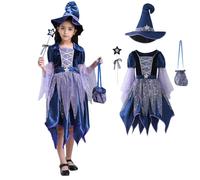 Halloween Costumes for Kids Girls Witch Cosplay Fancy Dress 4Pcs Kids Halloween Costumes Set with Magic Wand Candy Bag Tulle Dress & Witch Hat for Children Carnival Themed Party Outfit
