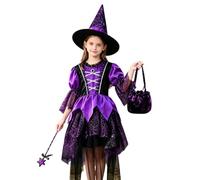 Halloween Costumes For Kids Witch Costume Kids, Light Up Halloween Costumes For Girls Aged 3-12 Light-Up Witch Dress With Witch Hat & Magic Wand, Candy Bag, 1 String Of Lights,Magical Style