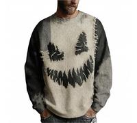 Halloween Costumes for Men Pumpkin Face Stitched Knit Sweaters Ghostface Patchwork Contrast Sweatshirt 2025 Spooky Season Jack O Lantern Pullover Tops(Z01-Dark Gray, M)