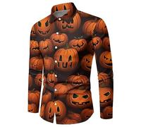 Halloween Costumes for Mens Retro Rose Flower Skull Regular Fit Button Down Horror Themed Hawaiian Comfort Breathable Shirt Ugly Pumpkin Print Spooky Season Ghost Tee Orange