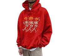 Halloween Costumes for Mens Skeleton Pullover Sweatshirt Patchwork Stitched Knit With Pocket Design Trendy Autumn Jumpers Fleece Warm Hooded Festive Celebration Top Red