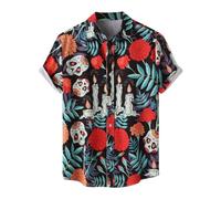 Halloween Costumes for Mens Ugly Skull Floral Print Regular Fit Button Down Horror Themed Hawaiian Casual Jack-O-Lantern Pumpkin Printed Shirt Spooky Season Ghost Tee Watermelon Red