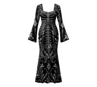 Halloween Costumes for Women 2026 Adult 3D Skeleton Backless Dress | Long Sleeve Goth Evening Dress Ladies 3D Digital Print Floral Maxi Dresses Fashion Womens Halloween Party Cosplay Costume