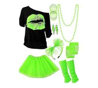 Halloween Costumes For Women 80s Pop Star Lip Print Tutu Set Rocker | Retro Disco Diva Outfit with Neon Accessories Headband and Leg Warmers for Fancy Party Club Music Event Theme