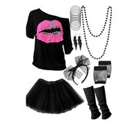 Halloween Costumes For Women 80s Pop Star Lip Print Tutu Set Rocker | Retro Disco Diva Outfit with Neon Accessories Headband and Leg Warmers for Fancy Party Club Music Event Theme