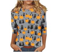 Halloween Costumes for Women,Ladies 3/4 Sleeve Halloween Shirts Funny Fresh Pumpkin Cat Pullover Tops Cute Crew Neck Long Sleeve Graphic Shirts Autumn Fall Blouses Tunic Tops
