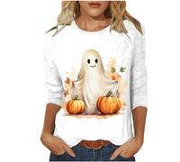Halloween Costumes for Women Plus Size 3/4 Sleeve Tops Ladies Cute Ghost Witch Print Blouse Loose Fit Crew Neck Vintage Shirts Funny Spooky Graphic T-Shirts Holiday Party Daily Wear Tunic Tops