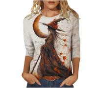 Halloween Costumes for Women Plus Size 3/4 Sleeve Tops Ladies Cute Ghost Witch Print Blouse Loose Fit Crew Neck Vintage Shirts Funny Spooky Graphic T-Shirts Holiday Party Daily Wear Tunic Tops