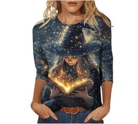 Halloween Costumes for Women Plus Size 3/4 Sleeve Tops Ladies Cute Ghost Witch Print Blouse Loose Fit Crew Neck Vintage Shirts Funny Spooky Graphic T-Shirts Holiday Party Daily Wear Tunic Tops
