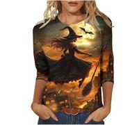 Halloween Costumes for Women Plus Size 3/4 Sleeve Tops Ladies Cute Ghost Witch Print Blouse Loose Fit Crew Neck Vintage Shirts Funny Spooky Graphic T-Shirts Holiday Party Daily Wear Tunic Tops