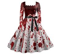 Halloween Costumes for Women, Renaissance Retro Party Dress with Bloody Print Halloween Costume Women Women's Vintage Cocktail Dress Womens Witch Costume Vampire Cosplay | B-red