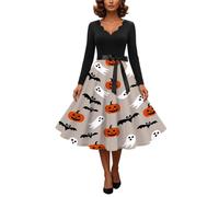 Halloween Costumes for Women Retro Pumpkin Skeleton Print Long Sleeve A Line Swing Dress Women's Fashion Vintage Skull Witch Dress for Halloween Party Cocktail Novelty