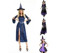 Halloween Costumes for Women Spellbound Witch Cosplay Halloween Costume Trendy Masquerade Gothic Dresses Party Carnival High Slit Velour Blue Gown With Hat