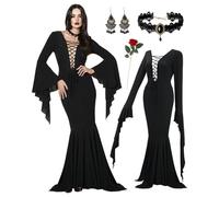 Halloween Costumes Morticia Addams Vintage Gothic Black Long Dress Outfit Women Red Roses Flowers Necklace Earrings