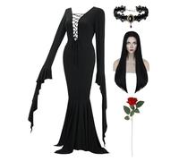 Halloween Costumes Morticia Addams Vintage Gothic Black Long Dress Outfit Women Wig Red Roses Flowers Necklace