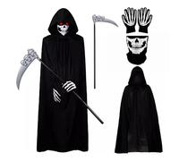 Halloween Costumes,Spooky Grim Reaper Costume for Adults Scary Halloween Hooded Cloak Set with Black Grim Reaper Cape,Scythe, Mask & Gloves,Venom Style Cosplay Fancy Dress