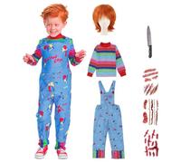 Halloween Costumes Striped Top with Blue Dungarees - Blue Killer Outfit, Killer Clown Costume Kids with Wig for Toddler, Halloween Costumes Kids, Scary Costume for Kid