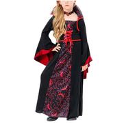 Halloween Costumes Vampire Dress Red Lace Up Bell Sleeves Gown | Gothic Court Outfit with High Collar and Bow for Adult Party Stage Masquerade Festival Occasion Roleplay Play