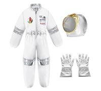 Halloween Costumes White Polyester Space Costume with Gloves and Helmet Space Jumpsuit with Elastic Bands & 6 Flag Sticker Halloween Costumes for Kids, Boys Girls Dress Up, S