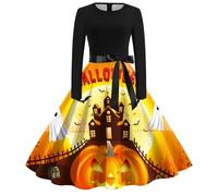Halloween Costumes Woman 2025 1950s Retro Zombie Round Neck Long Sleeve Audrey Dress Hepburn Belted Swing Party Rockabilly Wedding Guest Midi Evening Ladies Scary Flowy Dress, Black, M