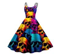 Halloween Costumes Woman 2025 Vintage 50s Black Cat Sleeveless V Neck Audrey Hepburn Spaghetti Straps Festive Rockabilly Cocktail Dresses Midi Retro Women Creepy Dress, Multicolour, XXL