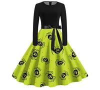 Halloween Costumes Woman 50s Vintage Pumpkin Round Neck Long Sleeve Audrey Hepburn Belted Retro Carnival Rockabilly Wedding Guest Midi Evening Women Creepy Flowy A-Line Dress, Dark Blue, M