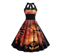 Halloween Costumes Women Helloween Pumpkin Printed Women Sleeveless Halter Neck Dress Cosplay Cocktail Swing Dresses (Red, S)
