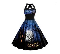 Halloween Costumes Women Helloween Pumpkin Printed Women Sleeveless Halter Neck Dress Cosplay Cocktail Swing Dresses (Black, M)