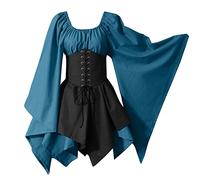 Halloween Costumes Women Medieval Costume Renaissance Square Neck Lace-up Tunic Bell Sleeve Vintage Dresses A Line Swing Gothic Steampunk Festival Outfit Adult Fancy Dress Cosplay Halloween Party Club