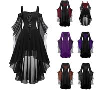 Halloween Costumes Women's Butterfly Sleeve Sexy Lace Gothic Dresses Women Medieval Ladies Corset Dress Gothic Clothes Fancy Plus Size Witch Party Red Riding Hood Day of The Dead Purple Outfits