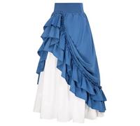 Halloween Costumes Women's Pirate Vintage Gothic Renaissance Patchwork Ruffle Layered Swing Skirt - Stretch High Waist A-Line Midi Steampunk Retro Victorian Tiered Blue