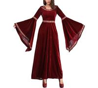 Halloween Costumes Women's Vintage Gothic Punk Tunic Lace Up Irregular Hem Chiffon Renaissance Maxi Dress Floor-Length Bell Vintage Witch Dresses for Party Outfit Red