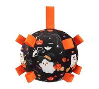Halloween Cotton Dog Toy Ball with Orange Tabs and Spooky Print | A black round toy displays white ghost illustrations and orange tabs, with a loop at the top for hanging or holding.