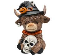 Halloween Cow Figurine, Scotland Cow Statue With Pumpkin Skull And Witch Hat, Halloween Figurines Desktop Ornament Home Decor