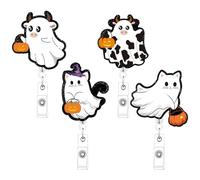 Halloween Cow Ghost Badge Reel - Cosmisun 4 Pcs Cat Ghost Badge Holder Retractable with Alligator Clip Glitter Halloween Pumpkin ID Badge Holders for Nurses Nursing CNA RN Student Teacher Office