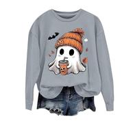 Halloween Crewneck Sweatshirt For Women Spooky Ghost Graphic Pullover Casual Novelty Ghostly Top Scary Long Sleeve Fashion Fall Warm Top Home Halloween Leisure Clothes (Grey, S)