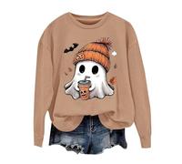 Halloween Crewneck Sweatshirt For Women Spooky Ghost Graphic Pullover Casual Novelty Ghostly Top Scary Long Sleeve Fashion Fall Warm Top Home Halloween Leisure Clothes (Khaki, L)