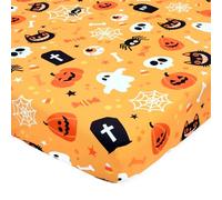 Halloween Crib Sheets, Fitted Crib Sheet with Cat, Pumpkin, Ghosts, Spider, Skull, and Tombstone, Measuring 52'' x 28'' to fit Standard Crib & Toddler Mattresses, Orange